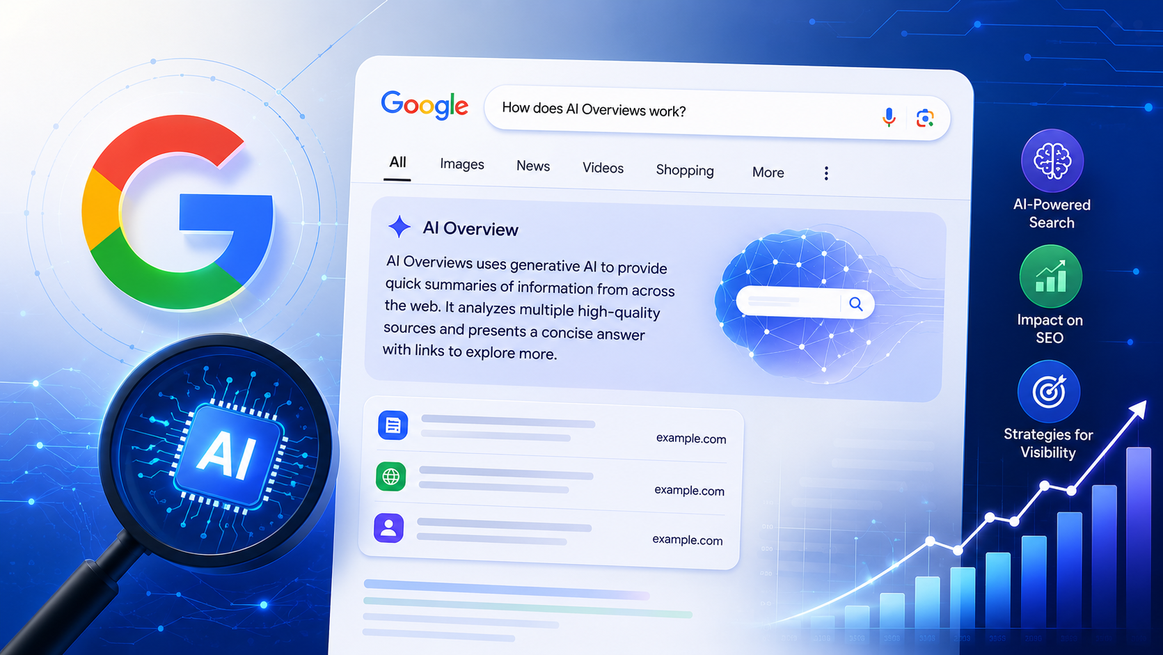 Google AI Overviews interface illustrating how AI generated search summaries work and their impact on SEO, search rankings, and AI search optimization in 2026.