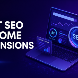 Best SEO Chrome extensions in 2026 shown on a laptop with SEO analytics, keyword data, plugin icons, and a magnifying glass.
