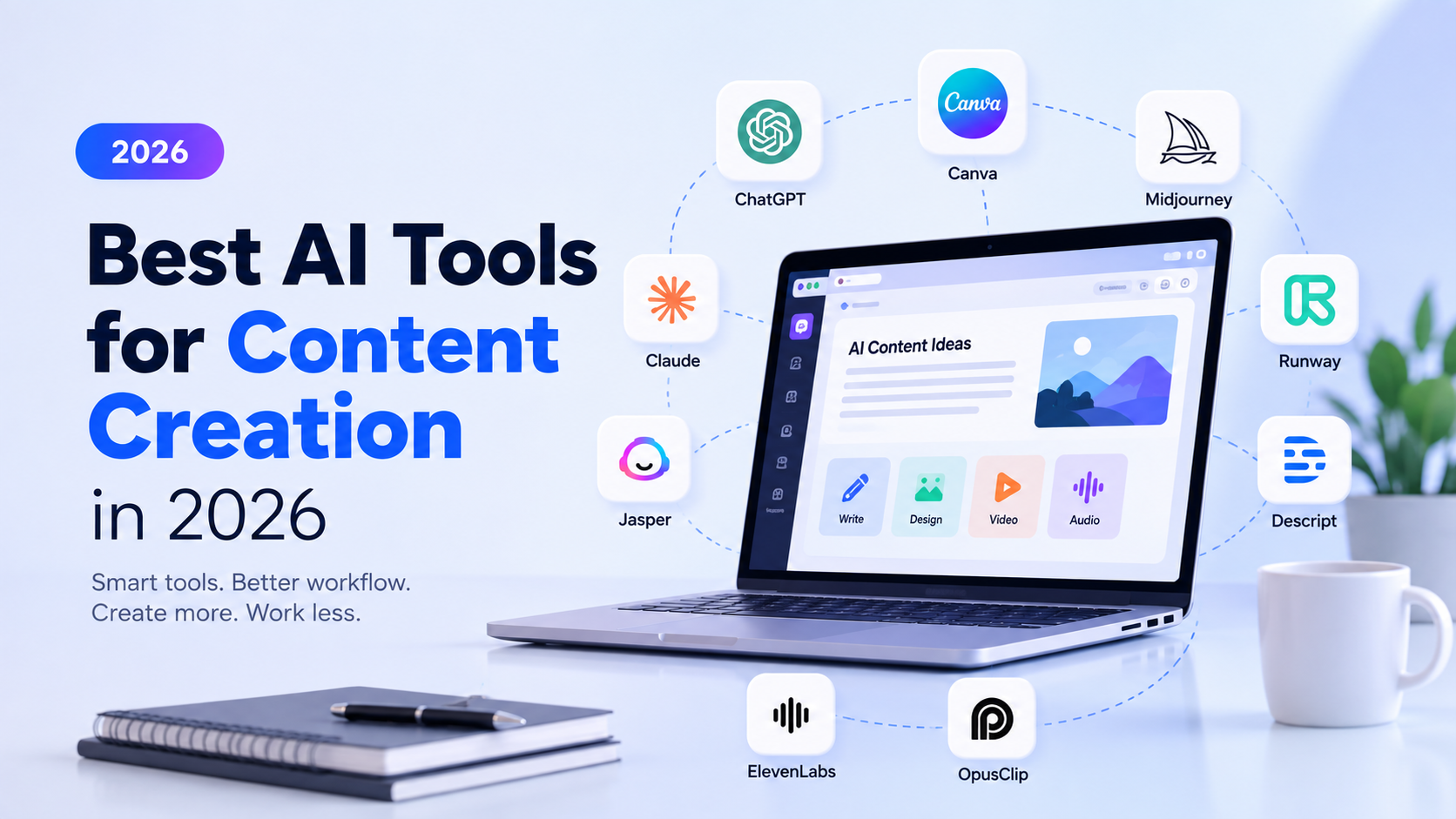 AI tools for content creation showing AI platforms for writing, design, video, audio, and content repurposing.