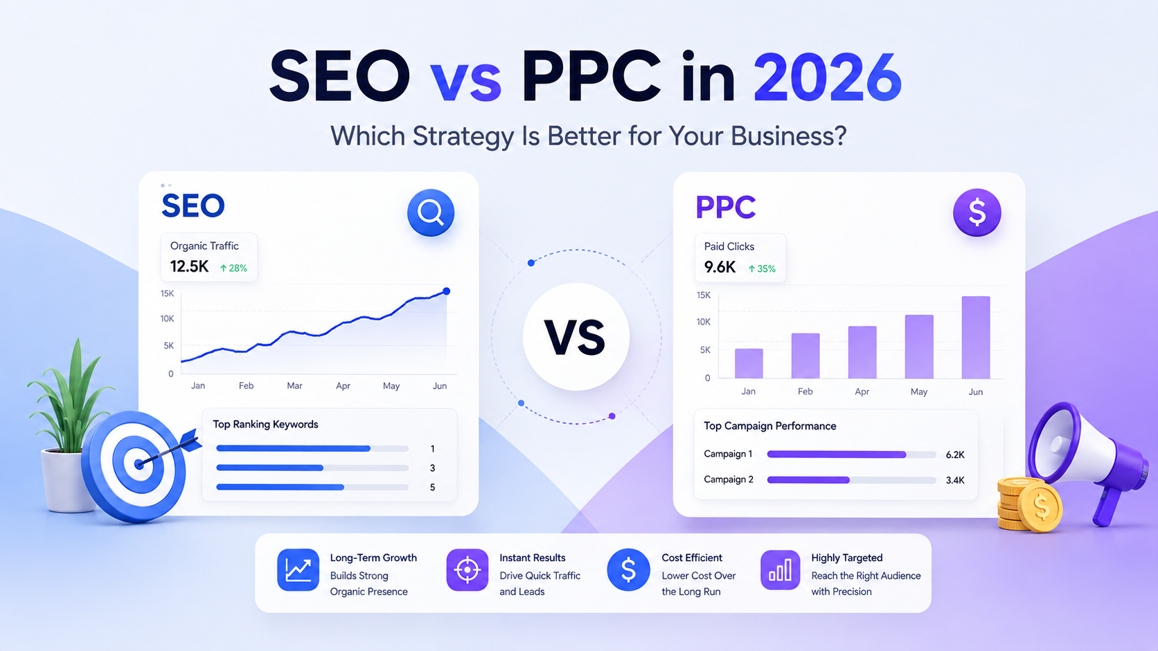 SEO vs PPC in 2026 comparison showing organic traffic, paid advertising, rankings, campaign performance, costs, and business growth.