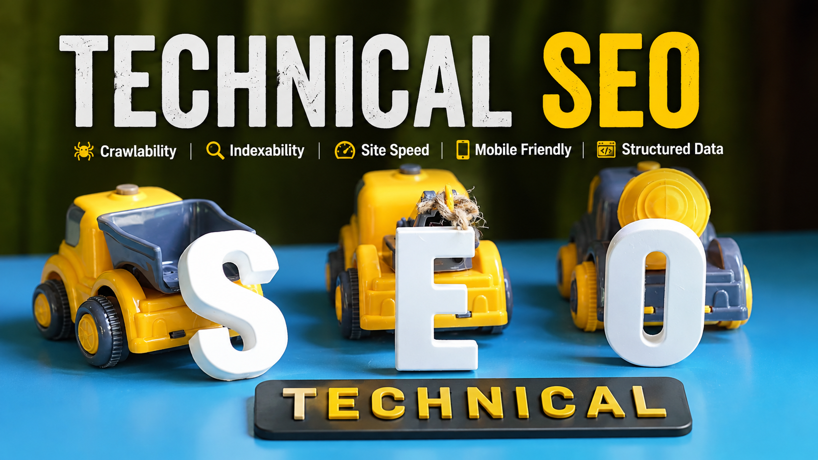 Technical SEO concept featuring bold “SEO” lettering with miniature construction vehicles, representing the technical foundation and optimization of a website.