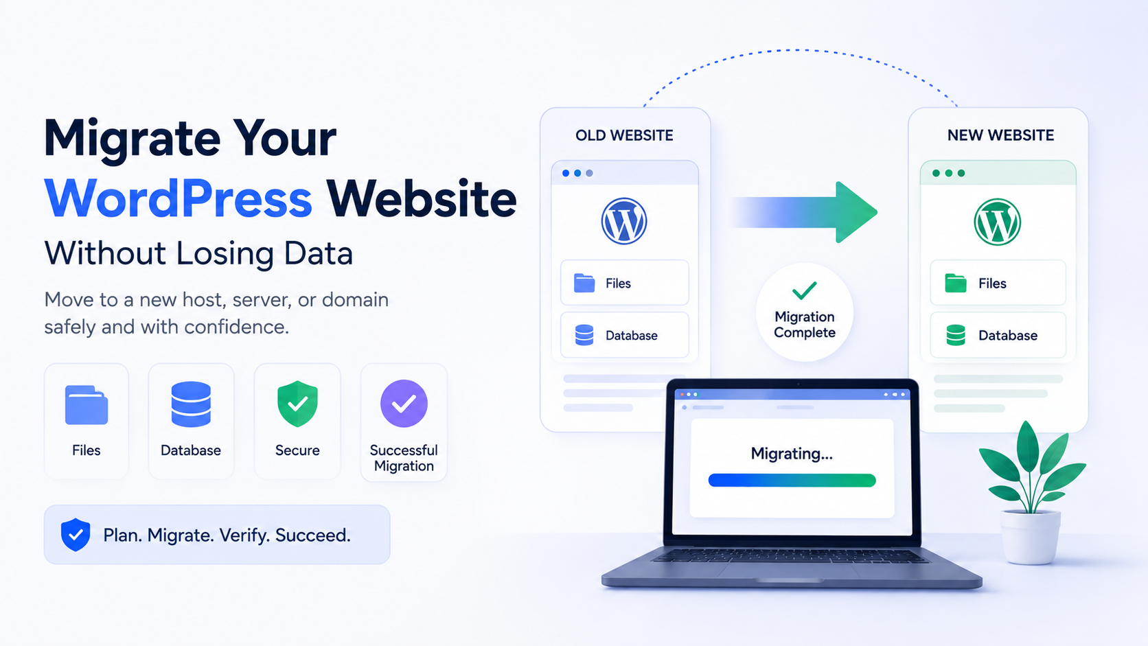 WordPress website migration illustration showing files and database safely transferred from an old website to a new website.